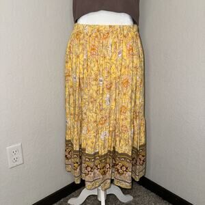 Maxi Skirt Women’s M Yellow Brown Floral Print 100% Rayon Elastic Waist Bohemian